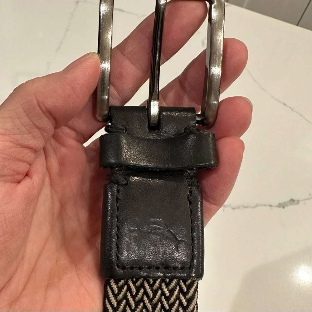 Tommy Bahama Mens Black Beige Leather Fabric Stretch Braided Belt Adjustable S/M